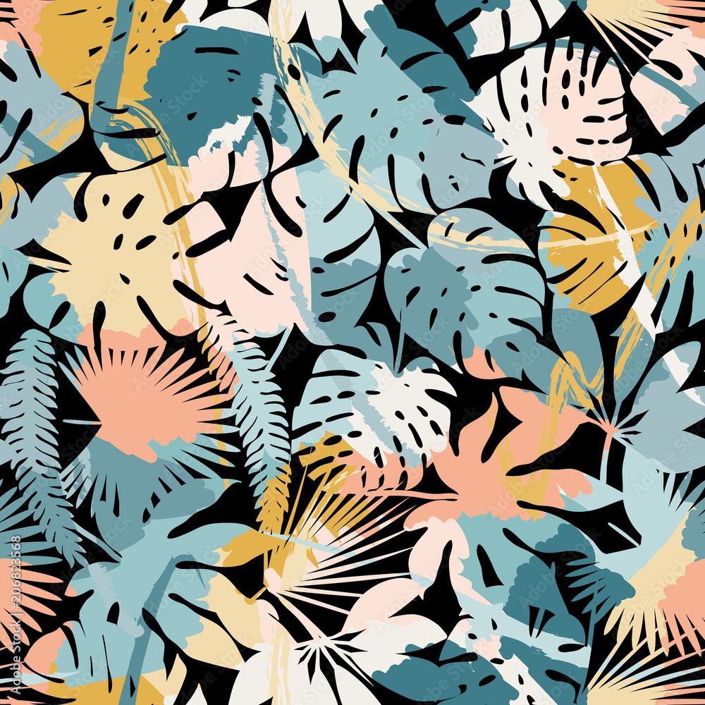 Exotic paradise plant seamless pattern. Art jungle , leaves and tropic palm tree. Print trendy multicolor silhouette painting brash floral summer vector background