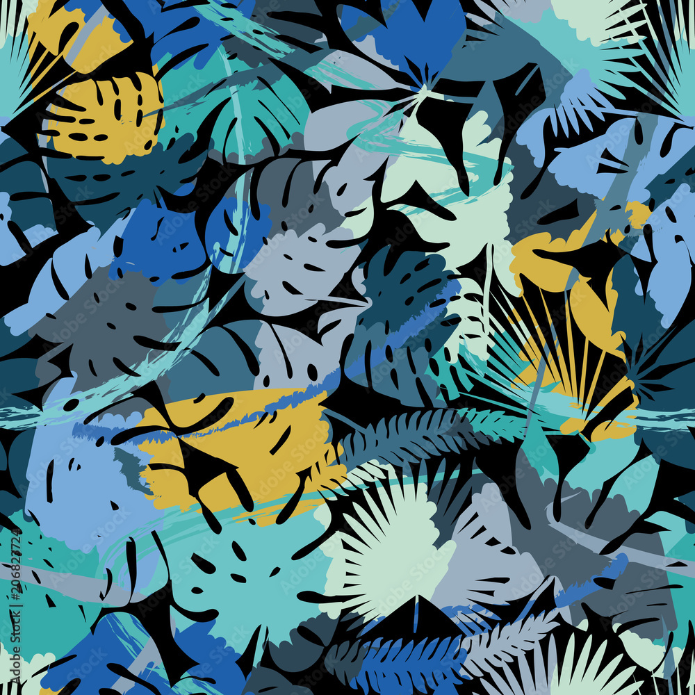 Exotic paradise plant seamless pattern. Art jungle , leaves and tropic palm tree. Print trendy multicolor silhouette painting brash floral summer vector background