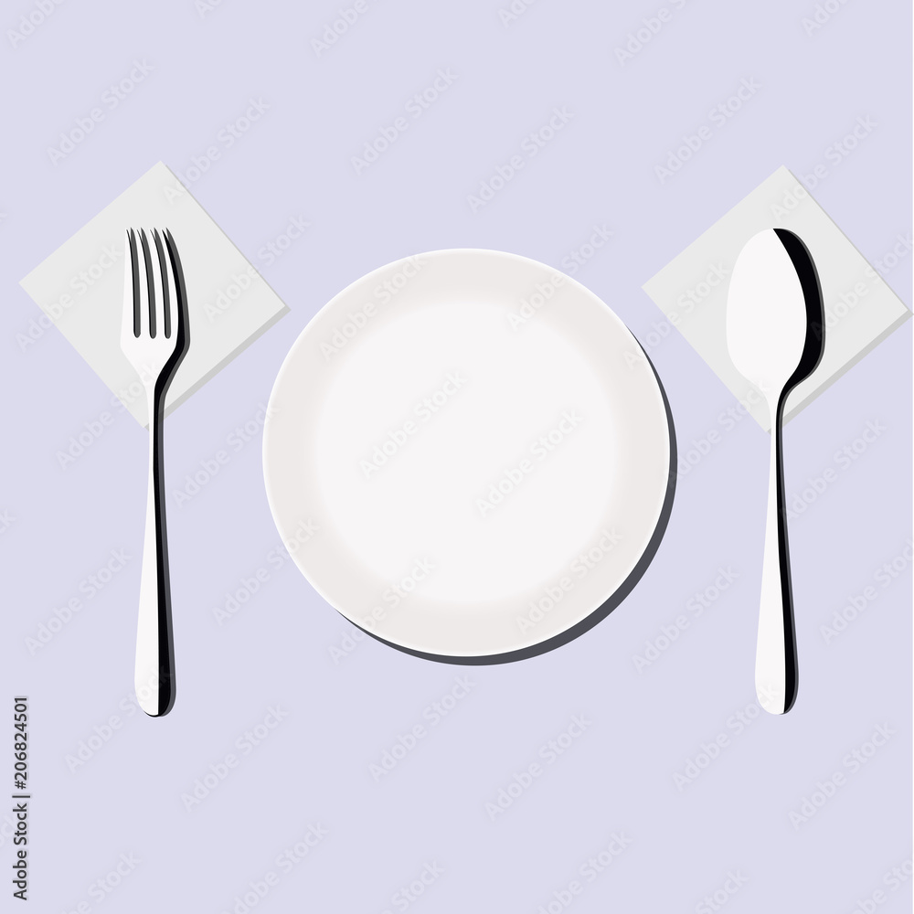 hand drawn spoon, fork, plate on a light background hand drawn spoon, fork, plate on a light background