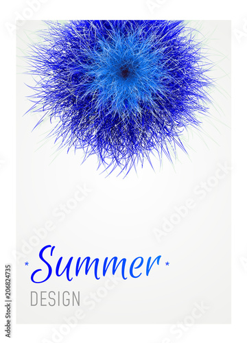 Vector blue grass.  3d Fluffy fur ball. Design summer banner