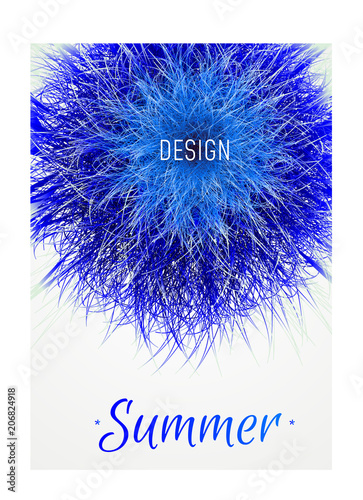Vector blue grass.  3d Fluffy fur ball. Design summer banner
