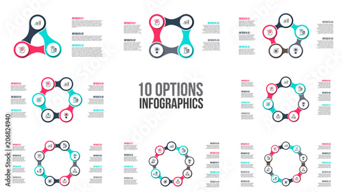 Vector circle elements for infographic. Template for cycle diagram, graph, presentation and round chart. Business concept with 3, 4, 5, 6, 7, 8, 9 and 10 options, parts, steps or processes.