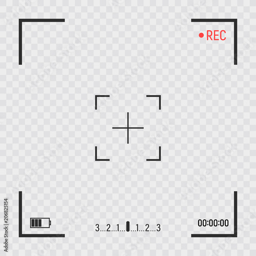 Camera frame viewfinder screen. Video recorder digital display with photo camera frame on transparent background. Vector illustration.