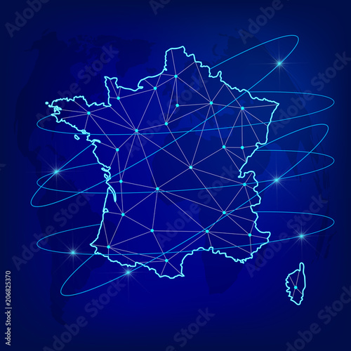 Global logistics network concept. Communications network map of the France on the world background.  Map France with nodes in polygonal style. Vector illustration EPS10.