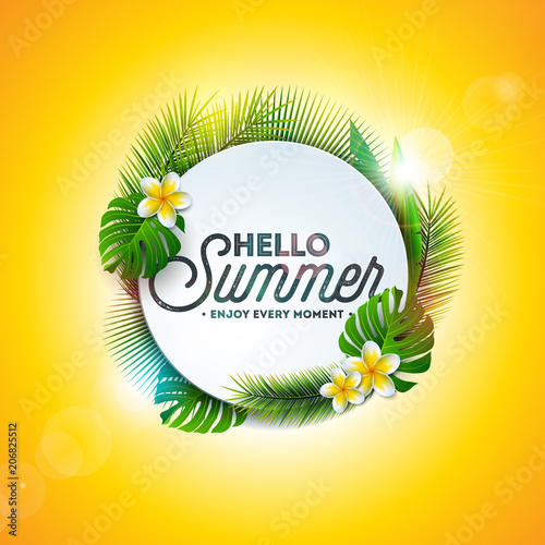 Vector Hello Summer Holiday typography illustration with tropical plants and flower on yellow background. Design template for banner, flyer, invitation, brochure, poster or greeting card.