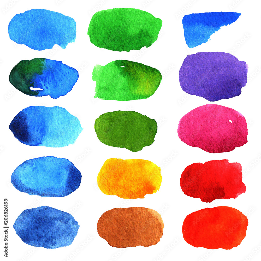 Colored watercolor stains on white background