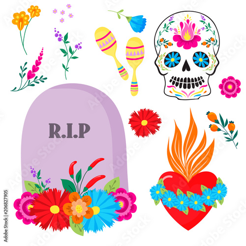 Colorful symbols Dia De Los muertos holiday day of the dead vector.