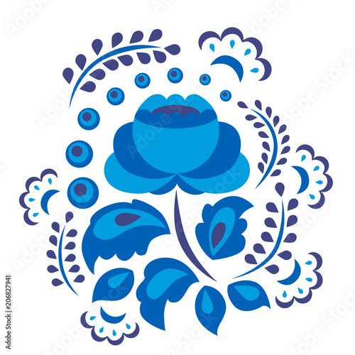 Russian ornaments art gzhel style painted with blue on white flower tradition...