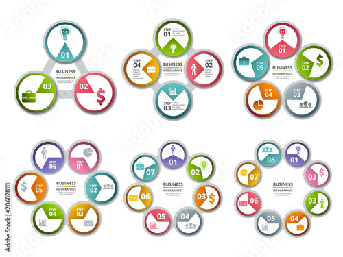 Infographic radial shapes. Circled charts and processes visualization