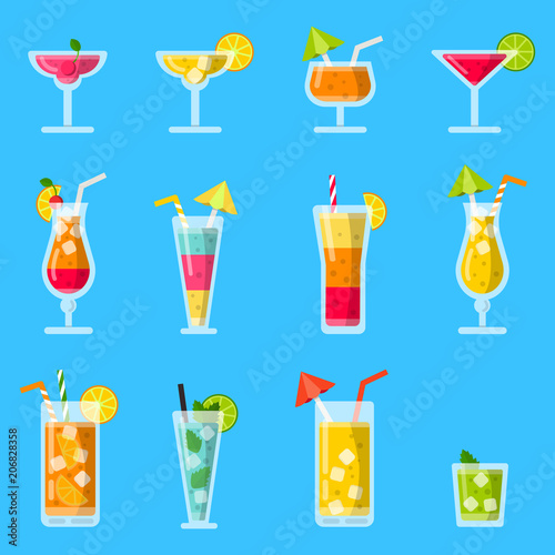 Pina colada, juice, mojito and other various alcoholic summer cocktails