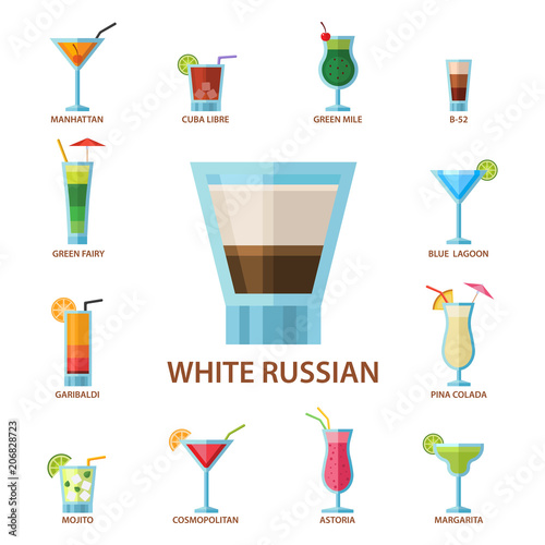 Set of alcoholic cocktails fruit cold drinks tropical cosmopolitan freshness collection and party alcohol sweet tequila vector illustration.