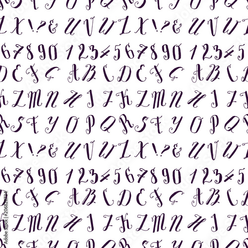 Calligraphic vector font seamless pattern background numbers ampersand and symbols hand drawn alphabet lettering