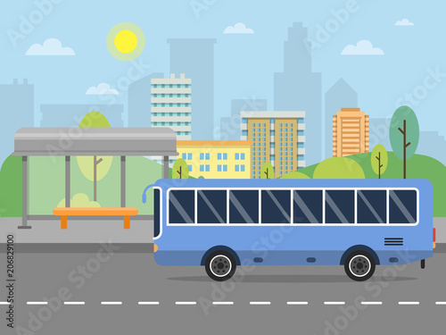 Urban landscape with illustration of public bus station
