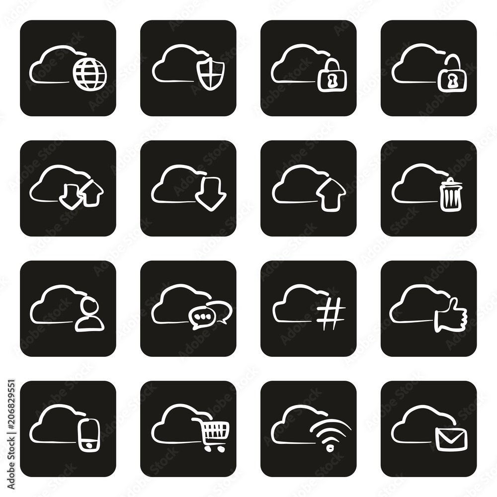 Cloud Service Icons Freehand White On Black Cloud Service Icons Freehand White On Black