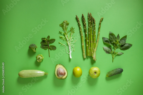 Принти на полотні Detox concept, healthy green vegetable smoothie ingredients on green background