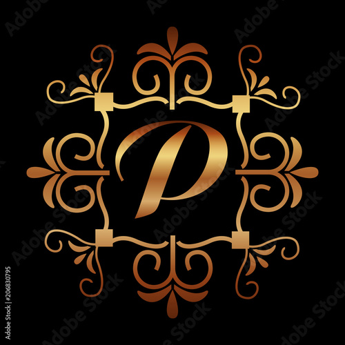 art deco border monogram p golden retro style vector illustration