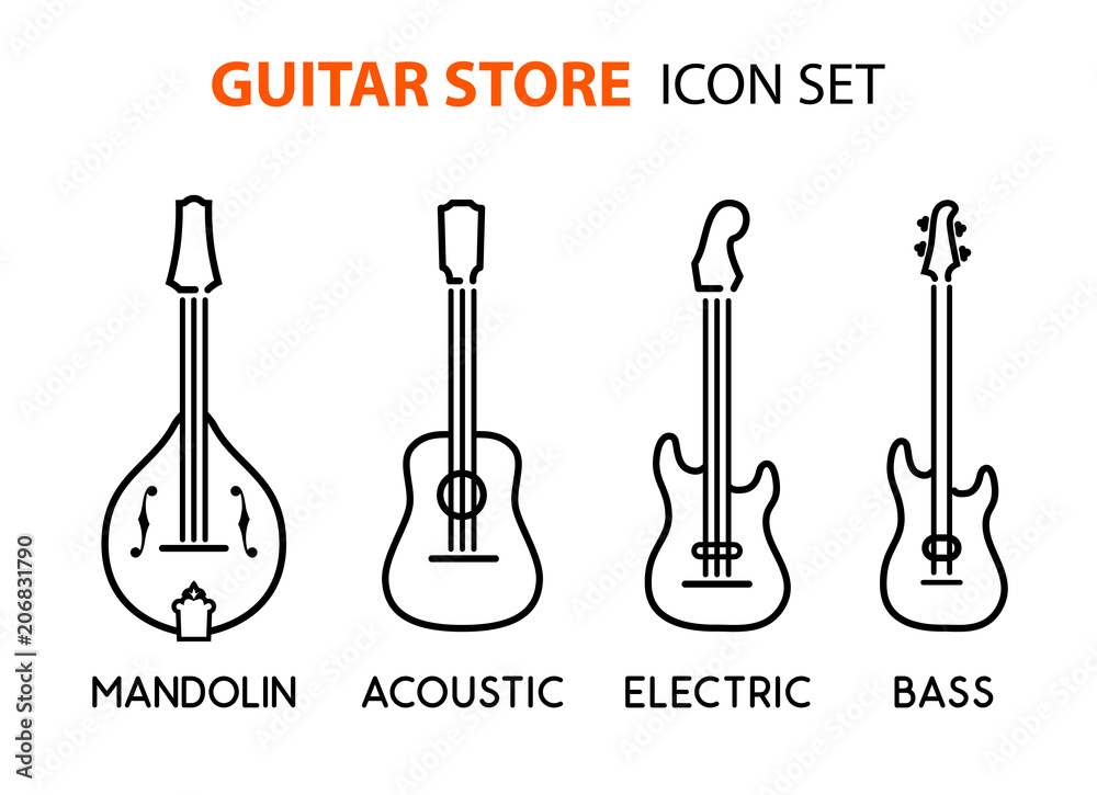 Fototapeta premium Icon set of acoustic, electric guitars and mandolin in line art style