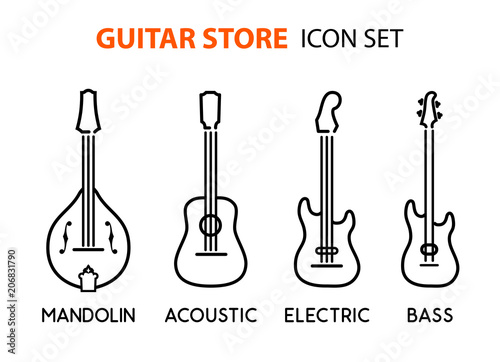 Tablou canvas Icon set of acoustic, electric guitars and mandolin in line art style