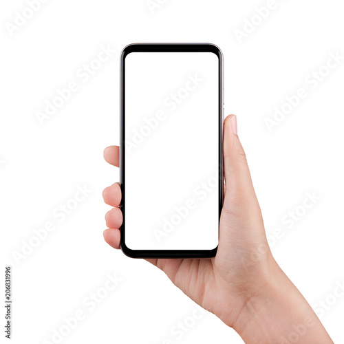 Isolated female hand holding a cellphone with clipping path