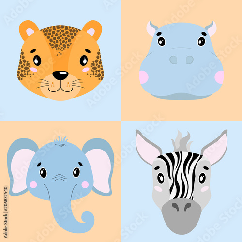 Vector set illustration cartoon of animal faces. Elephant, zebra, hippo, leopard illustration. Zoo