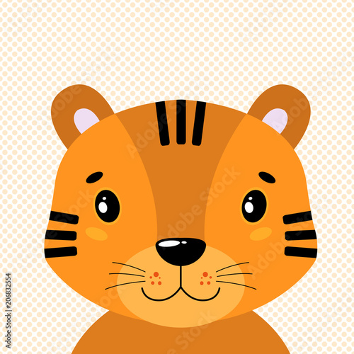 Cute vector tiger head, front view. In the background of polka dots.