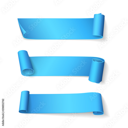 Set of short curved shiny blue ribbons. Vector realistic elements for sale banners and promotional design. Isolated from the background.