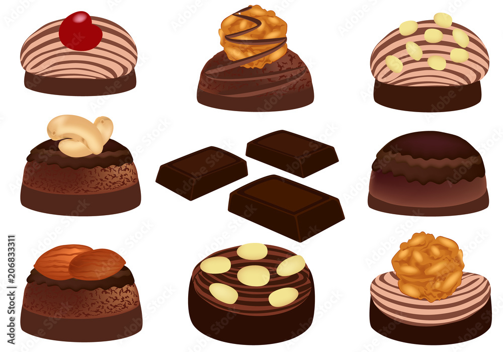Chocolate and chocolate candies with nuts. Sweet candies isolated on white background. Vector illustration. Chocolate and chocolate candies with nuts. Sweet candies isolated on white background. Vector illustration.