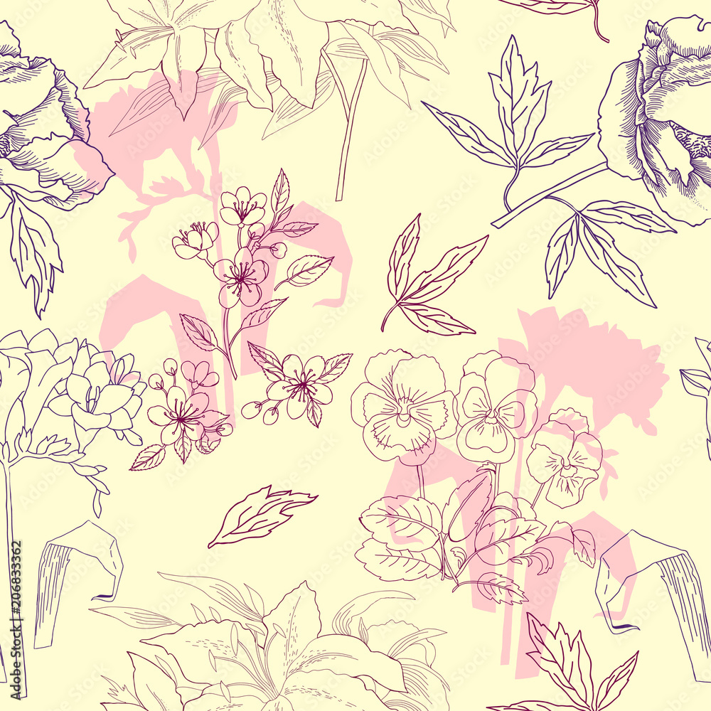  Seamless Pattern with Flowers Sketches
