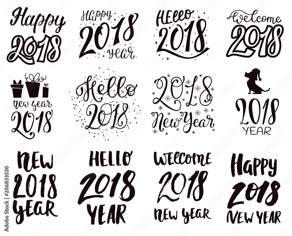 2018 happy New Year black text logo for holiday calendar print design or Christmass newborn yearly party illustration 2018 happy New Year black text logo for holiday calendar print design or Christmass newborn yearly party illustration