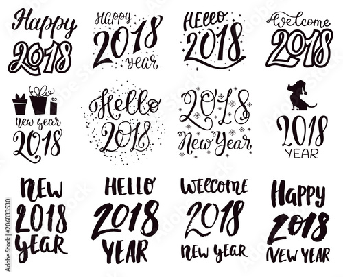 2018 happy New Year black text logo for holiday calendar print design or Chri...