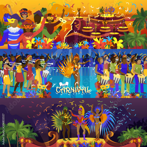 Vector brazil carnival rio festival celebration brazilian girls dancers samba party carnaval traditional costume south holiday dancer illustration banner