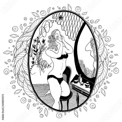 Pattern for coloring book for adult.Vintage girl looks in the mirror.