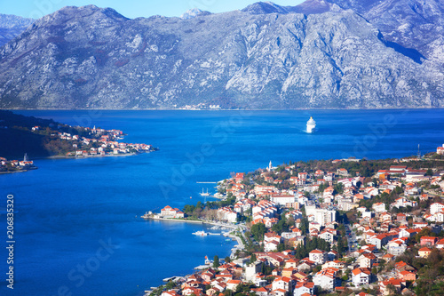 A large tourist ship enters the Bay of Kotor, Montenegro