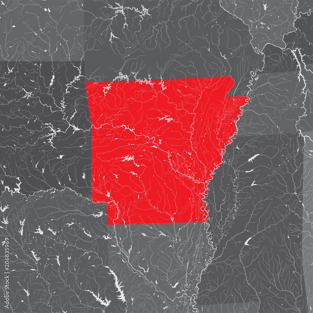 U.S. states map of Arkansas. Hand made. Rivers and lakes are shown