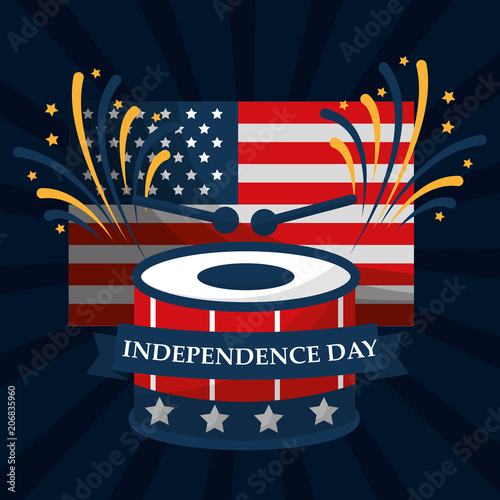 drum music flag fireworks american independence day vector illustration