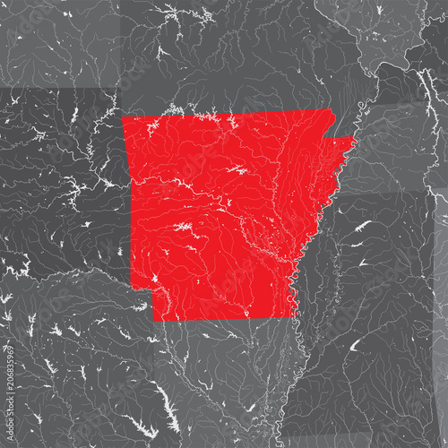 U.S. states - map of Arkansas. Hand made. Rivers and lakes are shown. Please look my other images of cartographic series - they are all very detailed and carefully drawn by hand WITH RIVERS AND LAKES.