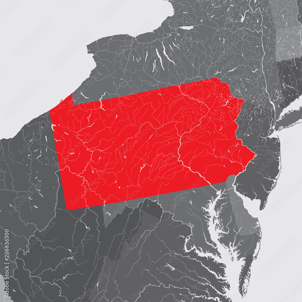 U.S. states - map of Pennsylvania. Hand made. Rivers and lakes are ...