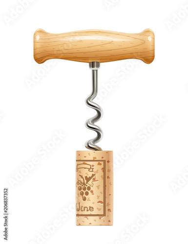 Corkscrew with cork. Device for open wine bottle. Realistic