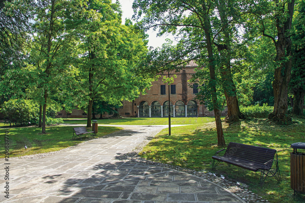 Overview of the beautiful and leafy Park Pareschi in the city center of Ferrara, a graceful and important medieval town. Located in the Emilia-Romagna region, northern Italy