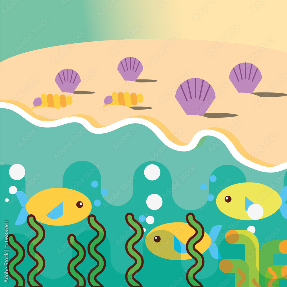 beach clam shell fishes underwater ocean sea life vector illustration