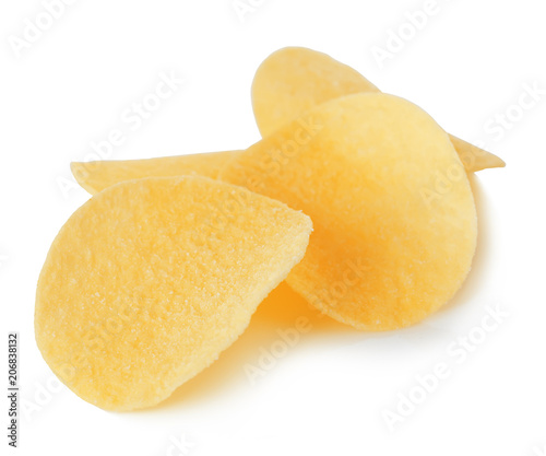 Potato chips close-up isolated on white background.