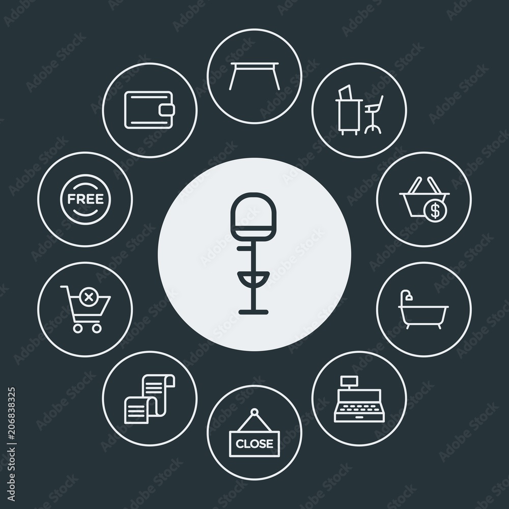 drinks, shopping, furniture Infographic Circle outline Icons Set. Contains such Icons as  business,  check,  interior,  plastic, online,  tub,  wallet,  purse and more. Fully Editable. Pixel Perfect