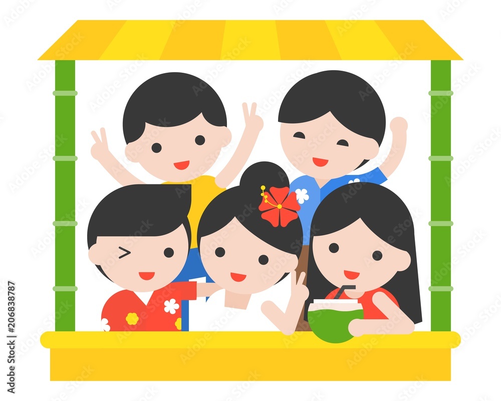 Happy people with Thai summer costume in bamboo stall, holiday with friends concept Happy people with Thai summer costume in bamboo stall, holiday with friends concept