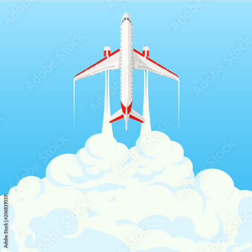 Flat banner on the theme of travel by airplane, vacation, adventure. Private airlines, transportation. A flying plane