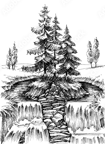 Alpine waterfall. Mountain river landscape drawing