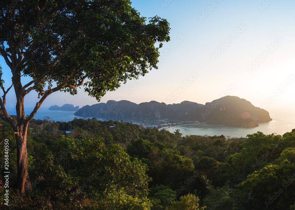 Sunset over Ko Phi Phi Don and Ko Phi Phi Leh Islands from the Hill above Ton Sai Town, Krabi Province, Thailand