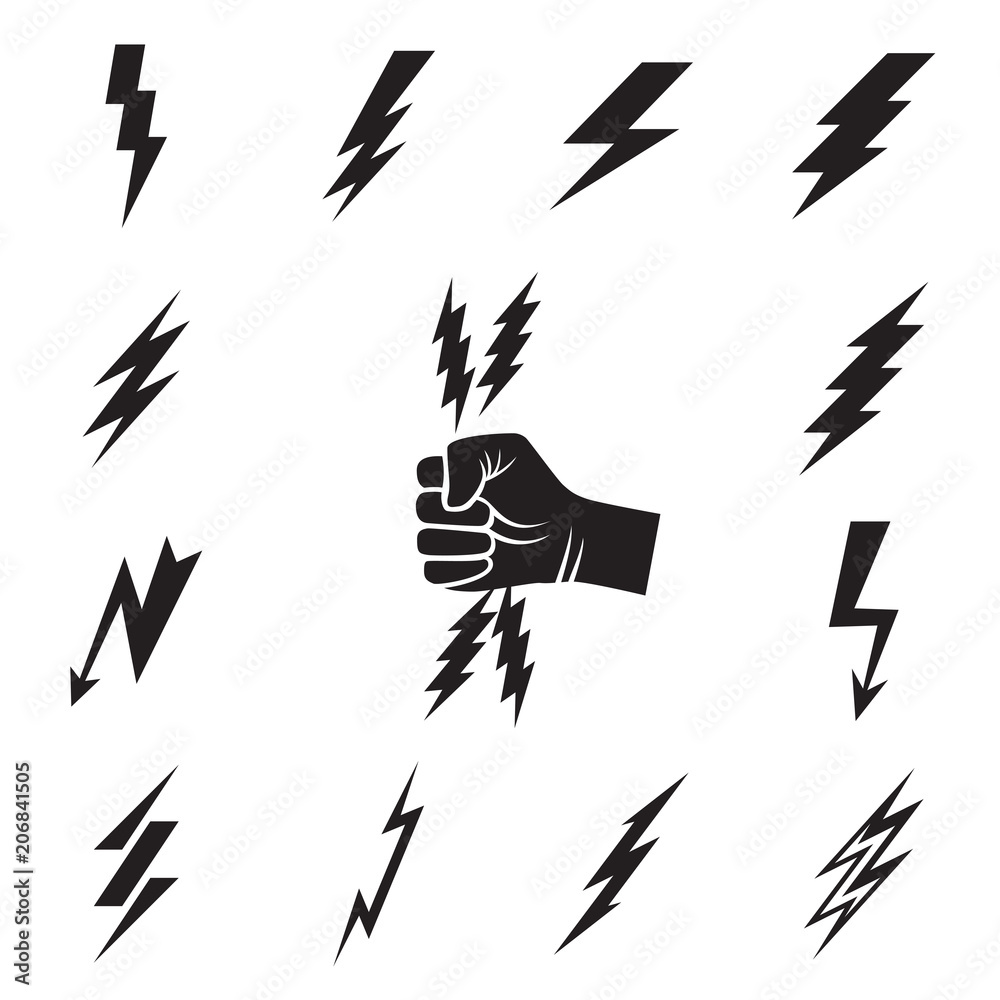 Lightning bolt icons. Collection of 12 black lightning bolt symbols and