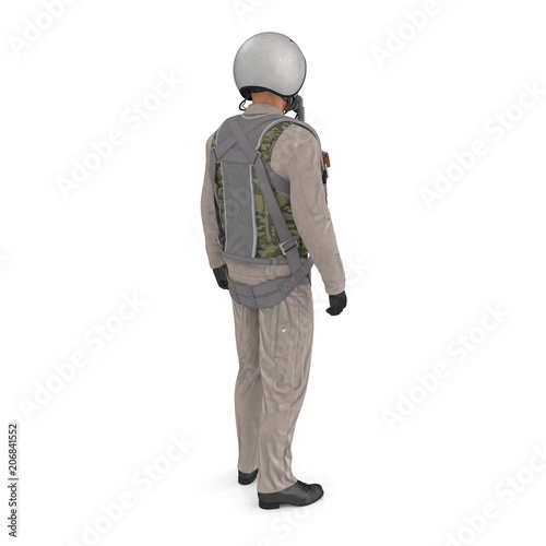 Russian Jet Fighter Military Pilot on white. Rear view. 3D illustration