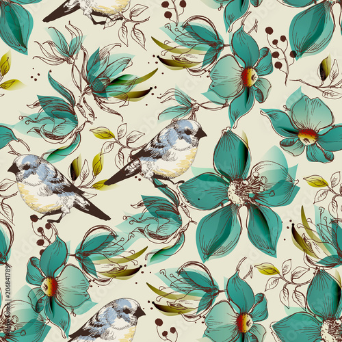 Retro seamless pattern, cute flowers and birds print