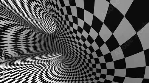 Vector optical illusion black and white twisted checker abstract background.